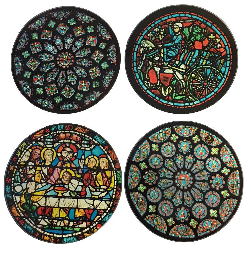 Chartres Cathedral Windows Glass Coasters Set of 4 with Storage Stand